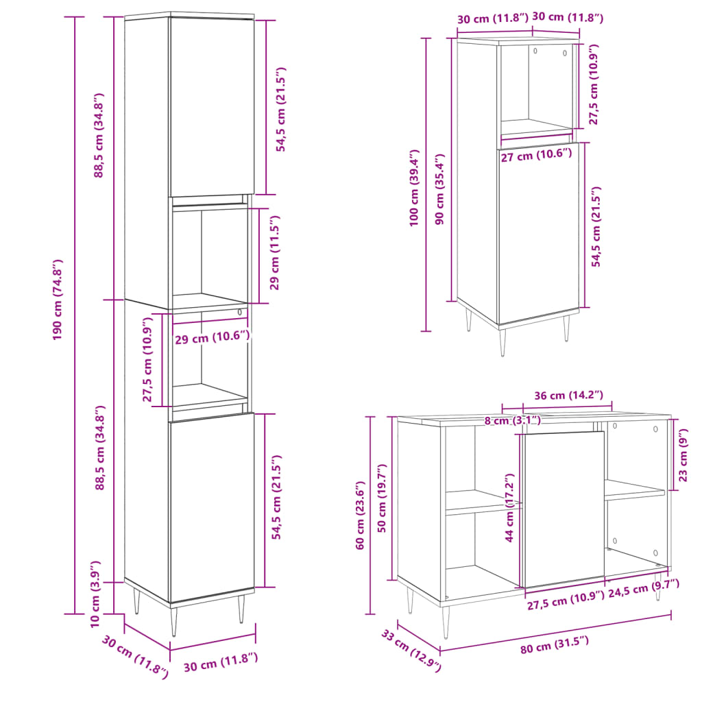 3 Piece Bathroom Furniture Set Sonoma Oak Engineered Wood