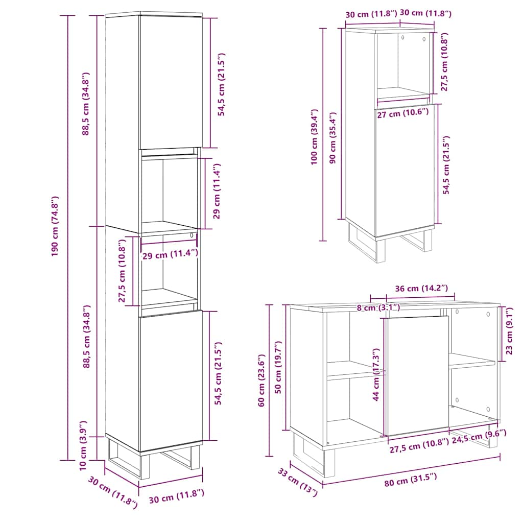 3 Piece Bathroom Furniture Set Sonoma Oak Engineered Wood