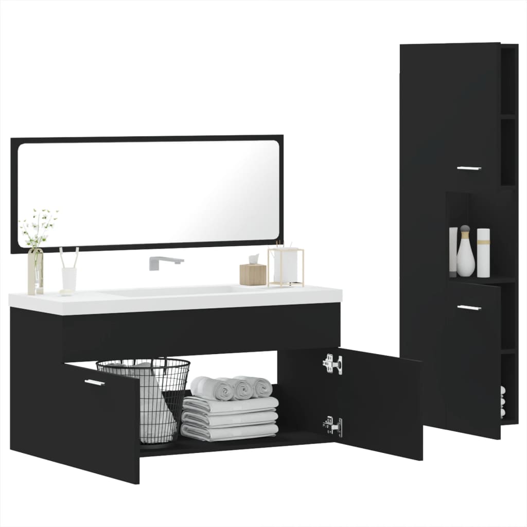 3 Piece Bathroom Furniture Set Black Engineered Wood