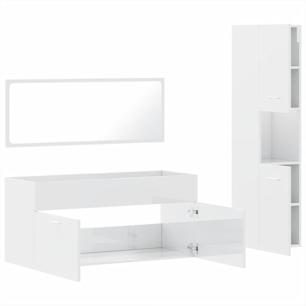 3 Piece Bathroom Furniture Set High Gloss White Engineered Wood