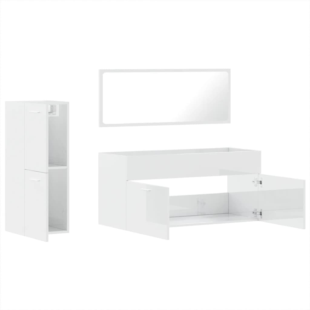 3 Piece Bathroom Furniture Set High Gloss White Engineered Wood