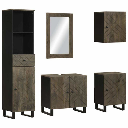 5 Piece Bathroom Furniture Set Black Solid Wood Mango