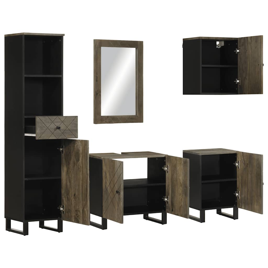 5 Piece Bathroom Furniture Set Black Solid Wood Mango