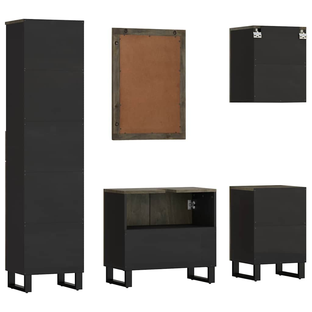 5 Piece Bathroom Furniture Set Black Solid Wood Mango