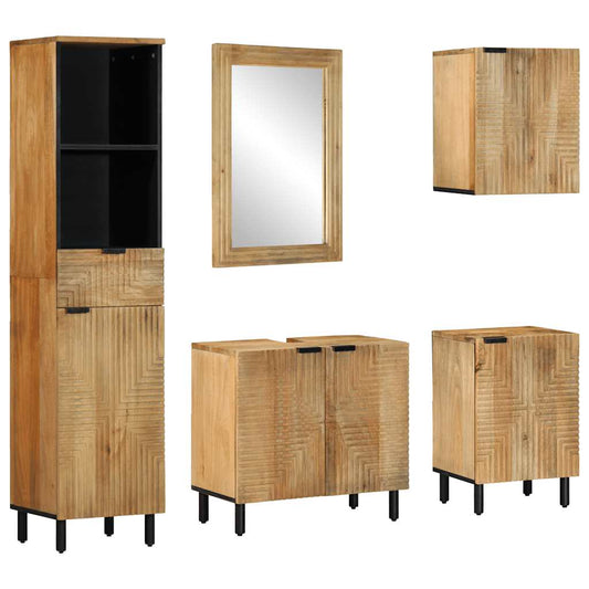 5 Piece Bathroom Furniture Set Brown Solid Wood Mango