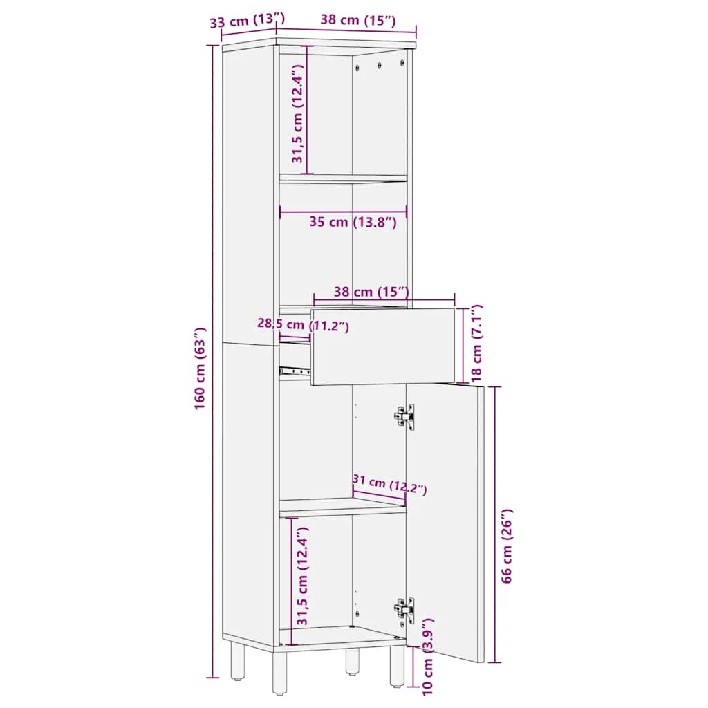 Bathroom Cabinet Brown 38x33x160 cm Solid Wood Mango