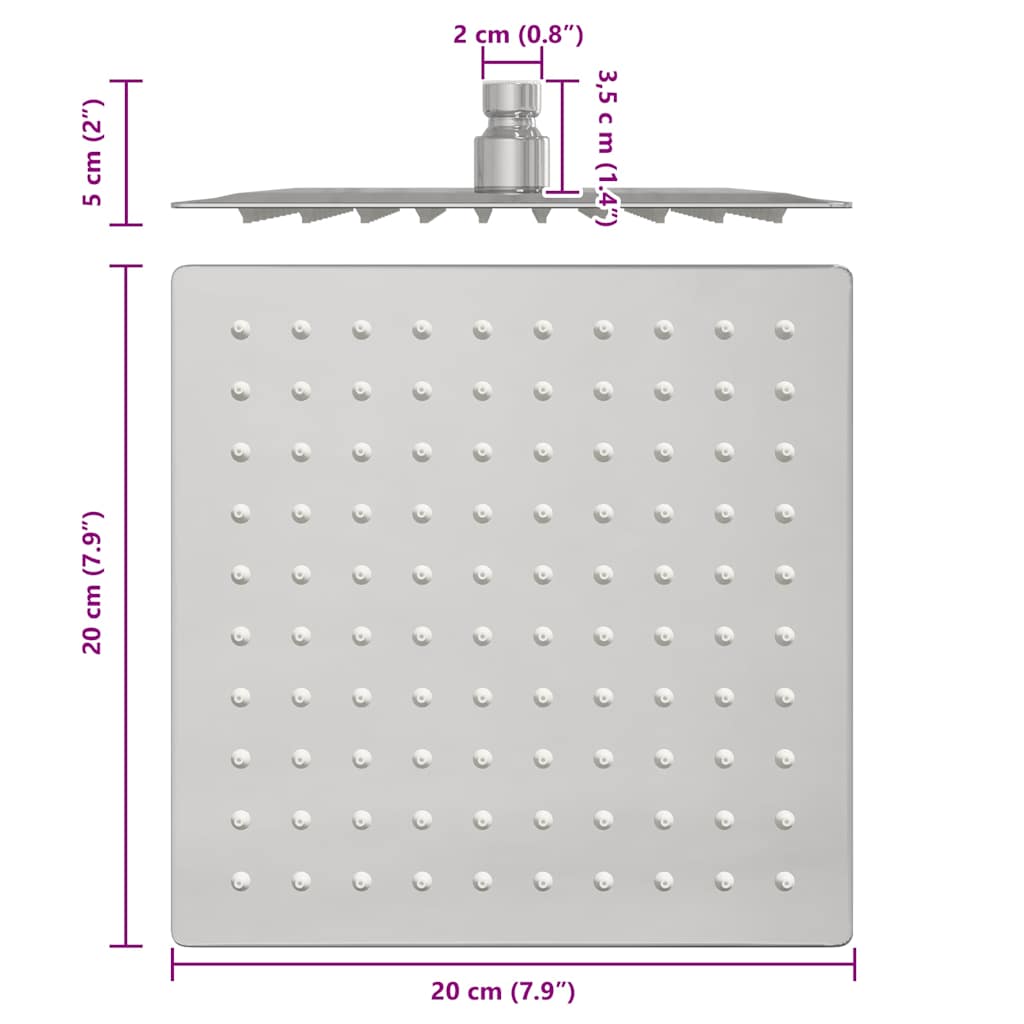 Rain Shower Head Stainless Steel 304 20x20 cm Square - Bend