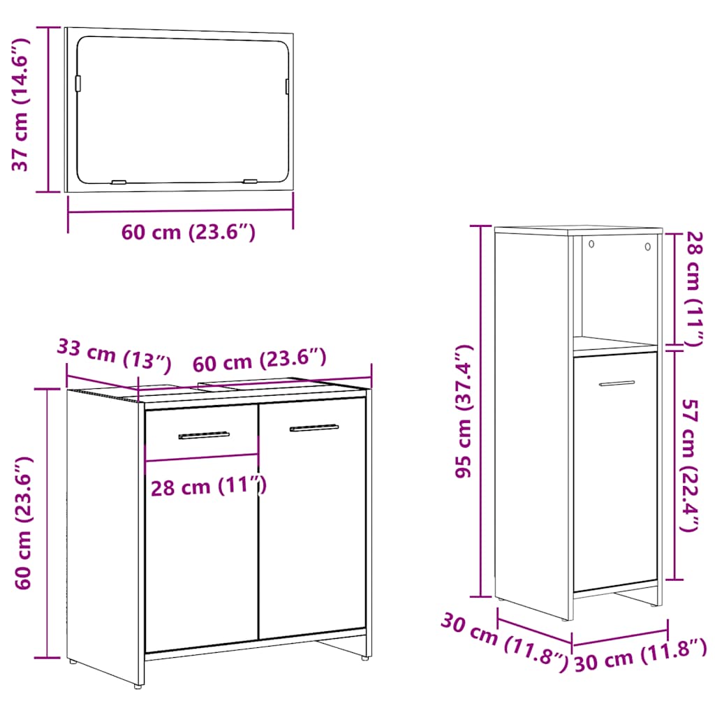 3 Piece Bathroom Furniture Set Concrete Grey Engineered Wood