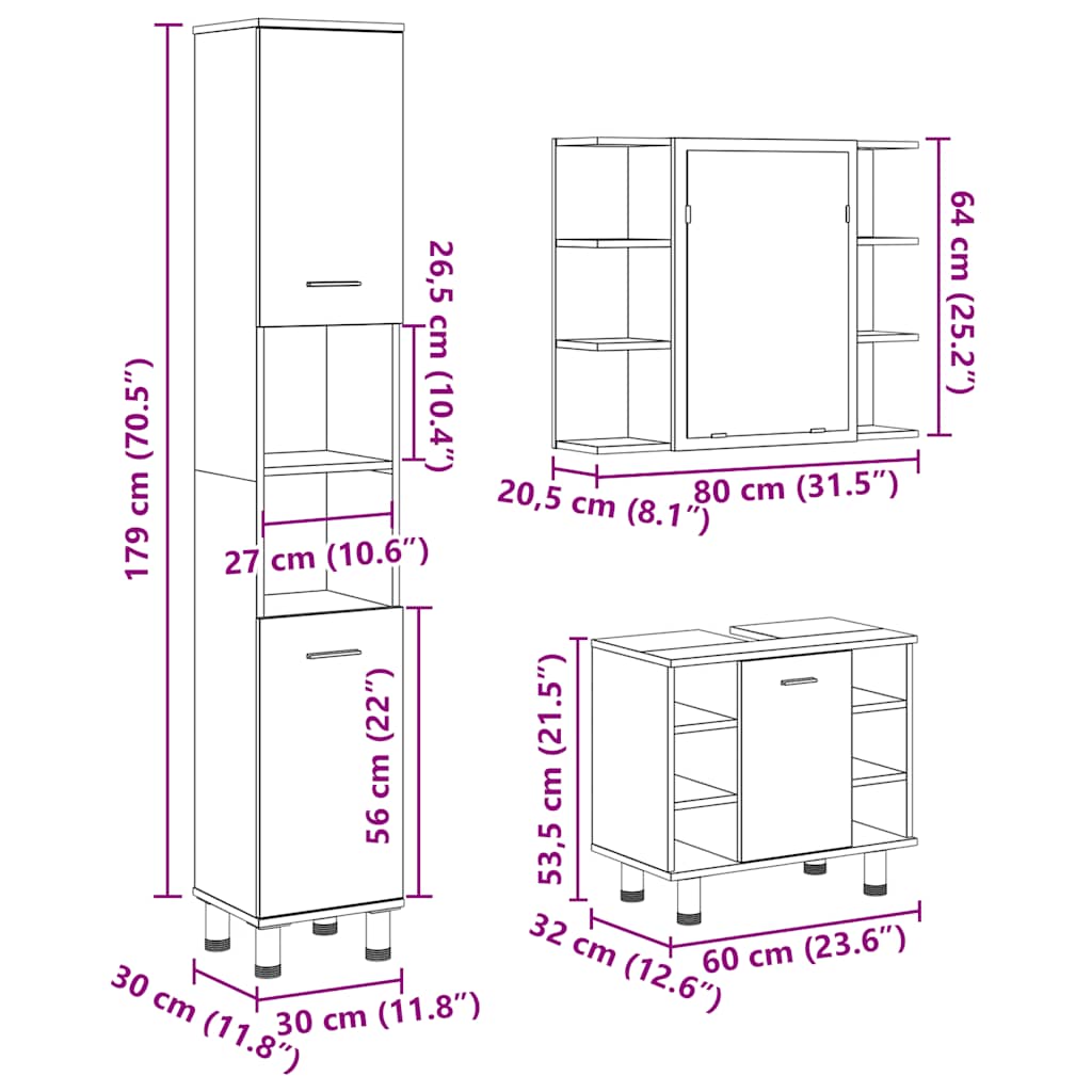 3 Piece Bathroom Furniture Set Concrete Grey Engineered Wood