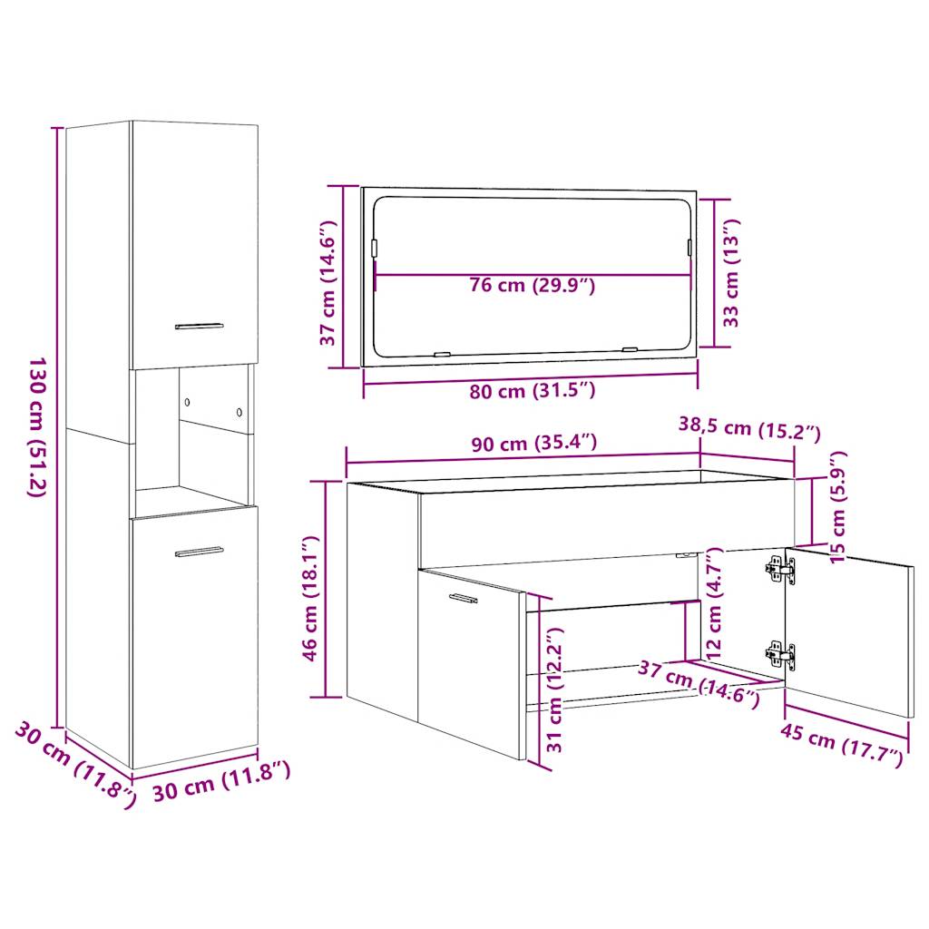 4 Piece Bathroom Furniture Set Concrete Grey Engineered Wood