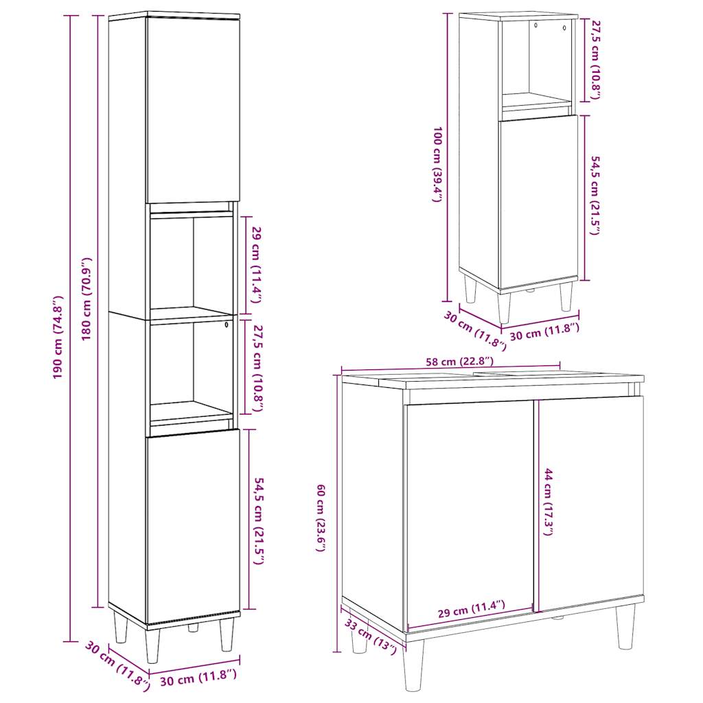 3 Piece Bathroom Furniture Set Concrete Grey Engineered Wood