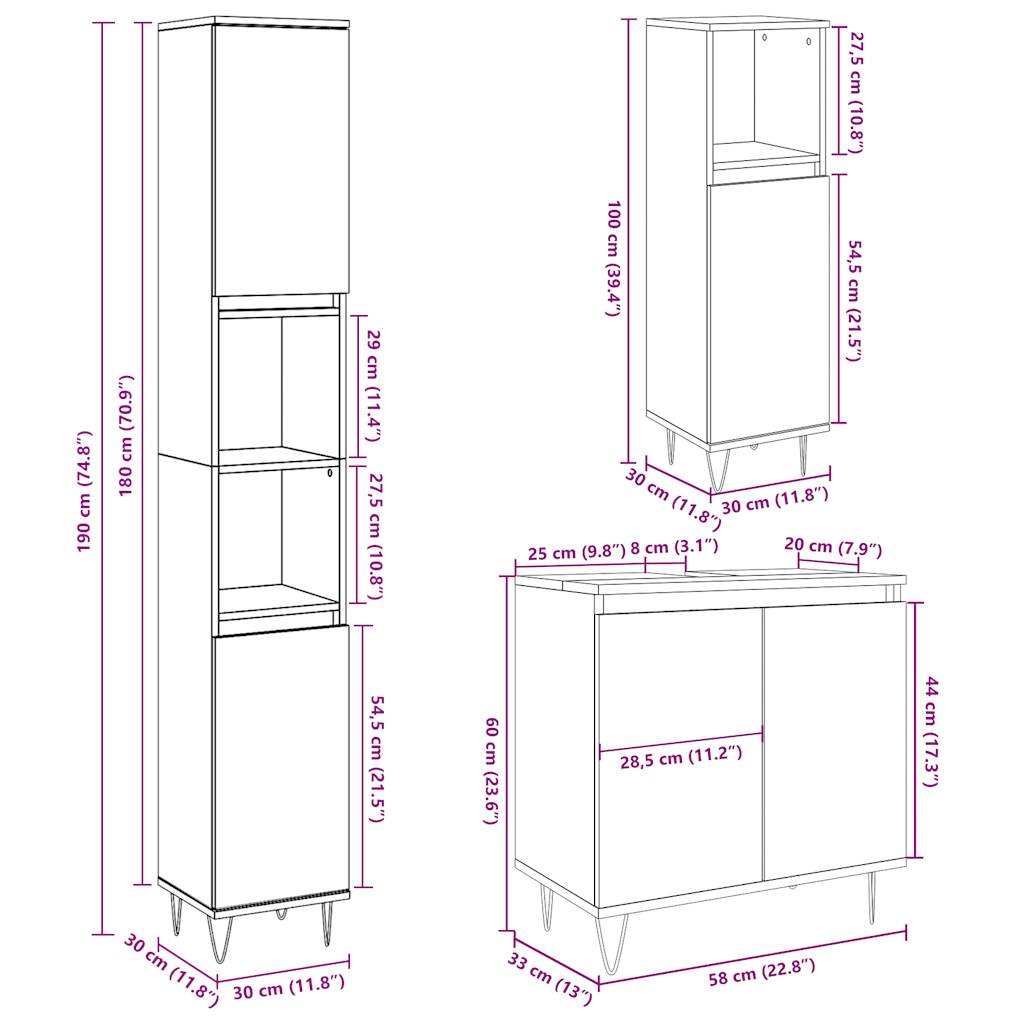 3 Piece Bathroom Furniture Set Concrete Grey Engineered Wood