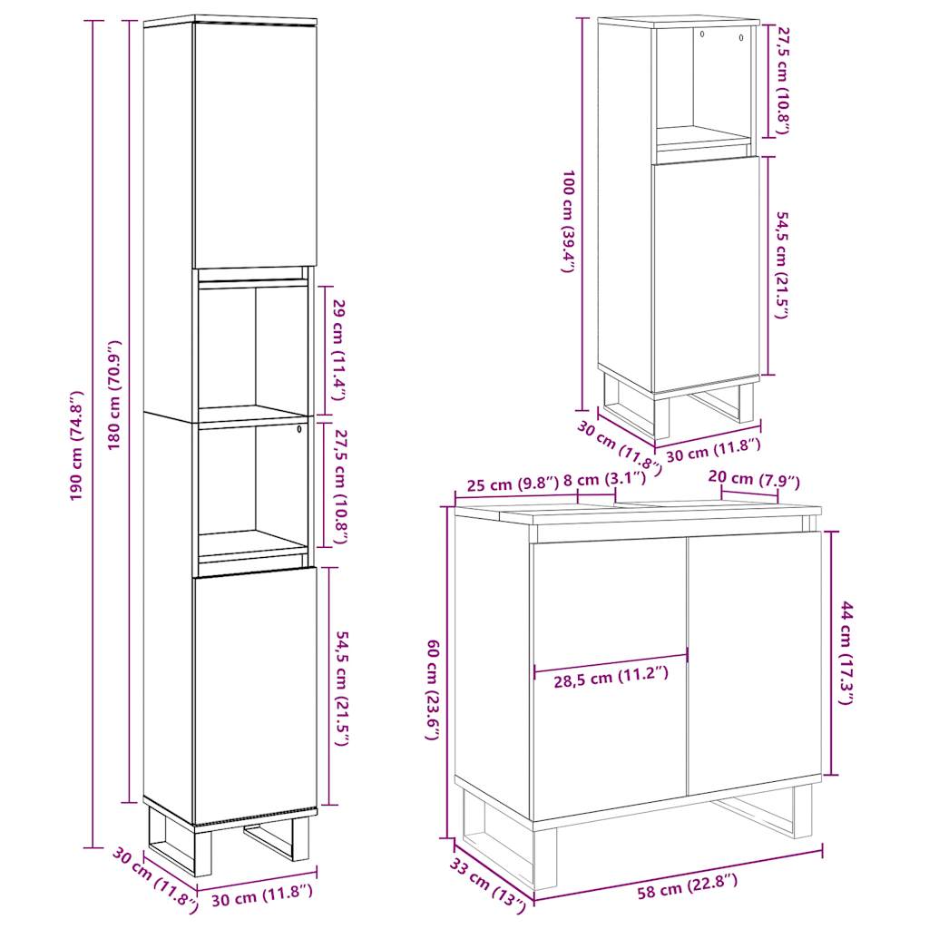 3 Piece Bathroom Furniture Set Concrete Grey Engineered Wood