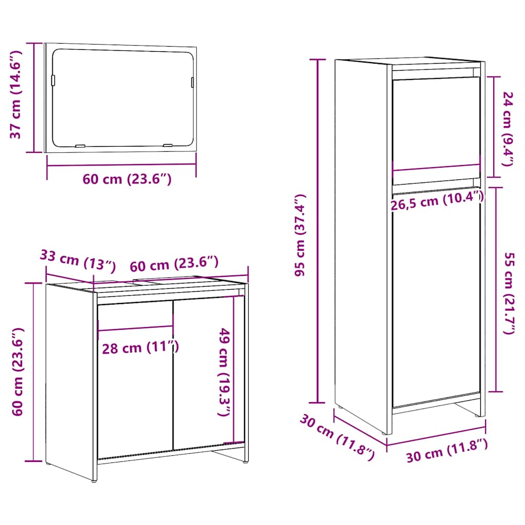 3 Piece Bathroom Furniture Set Old Wood Engineered Wood