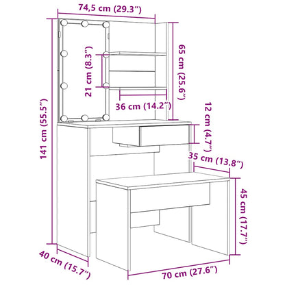 Dressing Table Set with LED Old Wood Engineered Wood - Bend