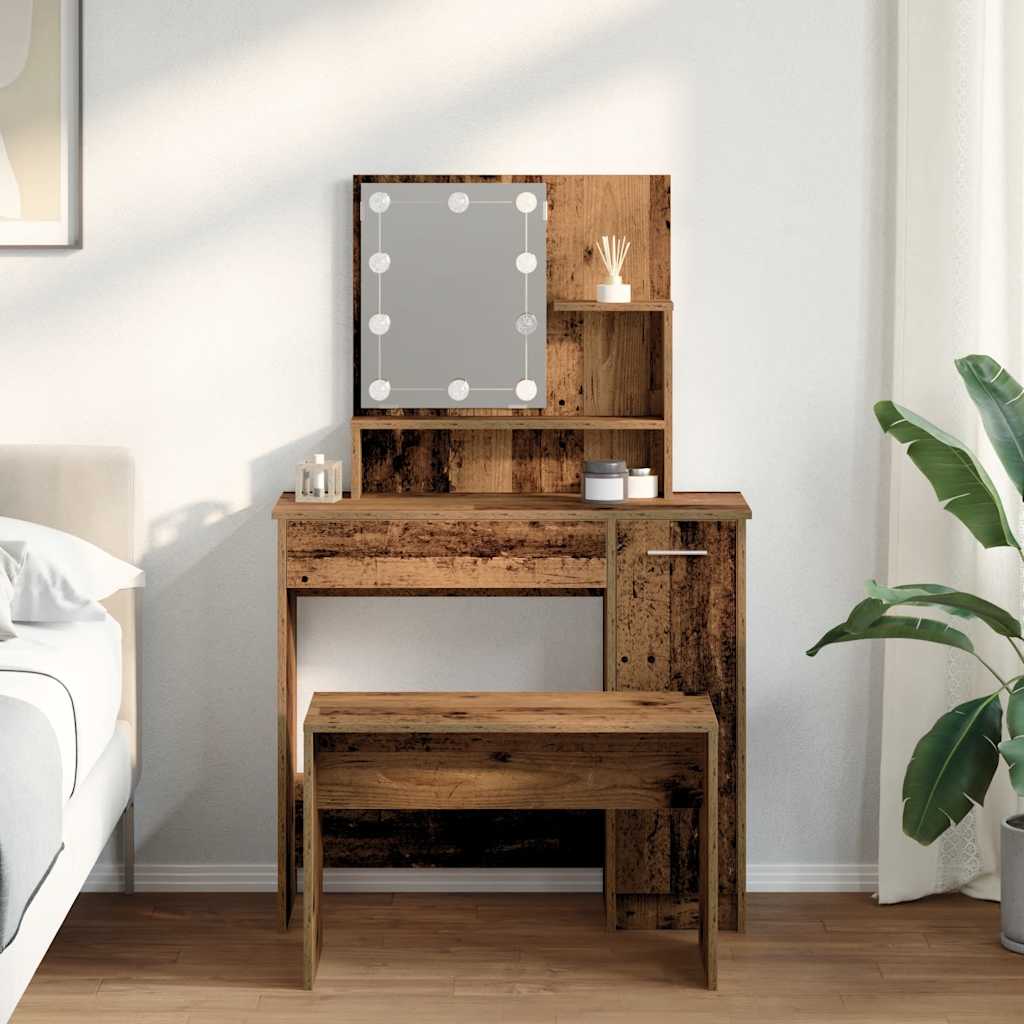 Dressing Table Set with LED Old Wood Engineered Wood - Bend