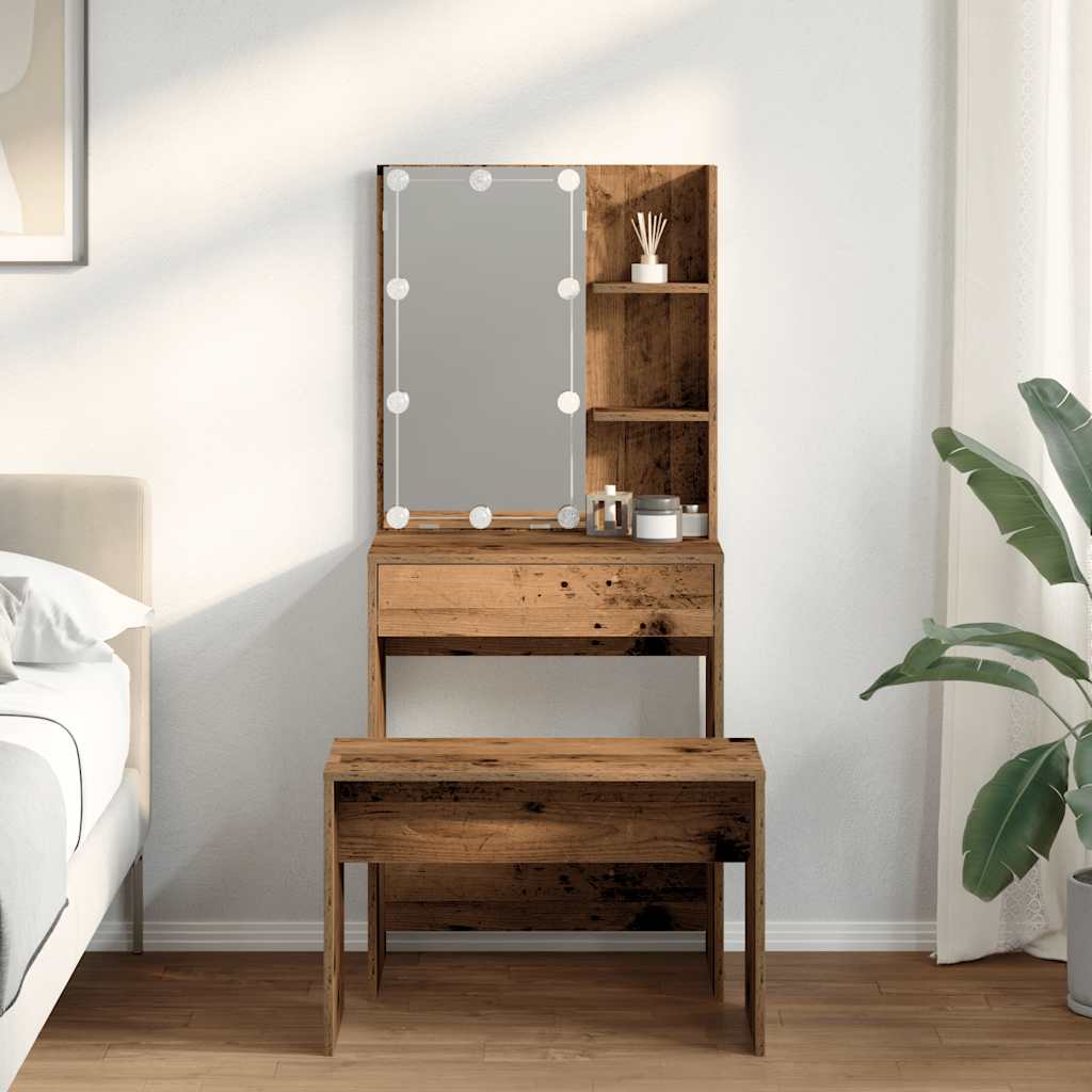 Dressing Table Set with LED Old Wood Engineered Wood