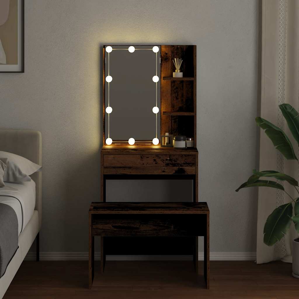 Dressing Table Set with LED Old Wood Engineered Wood