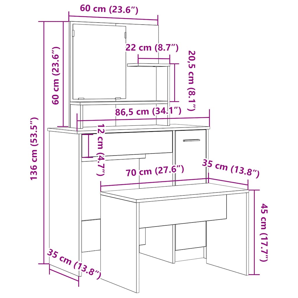 Dressing Table Set Old Wood Engineered Wood - Bend