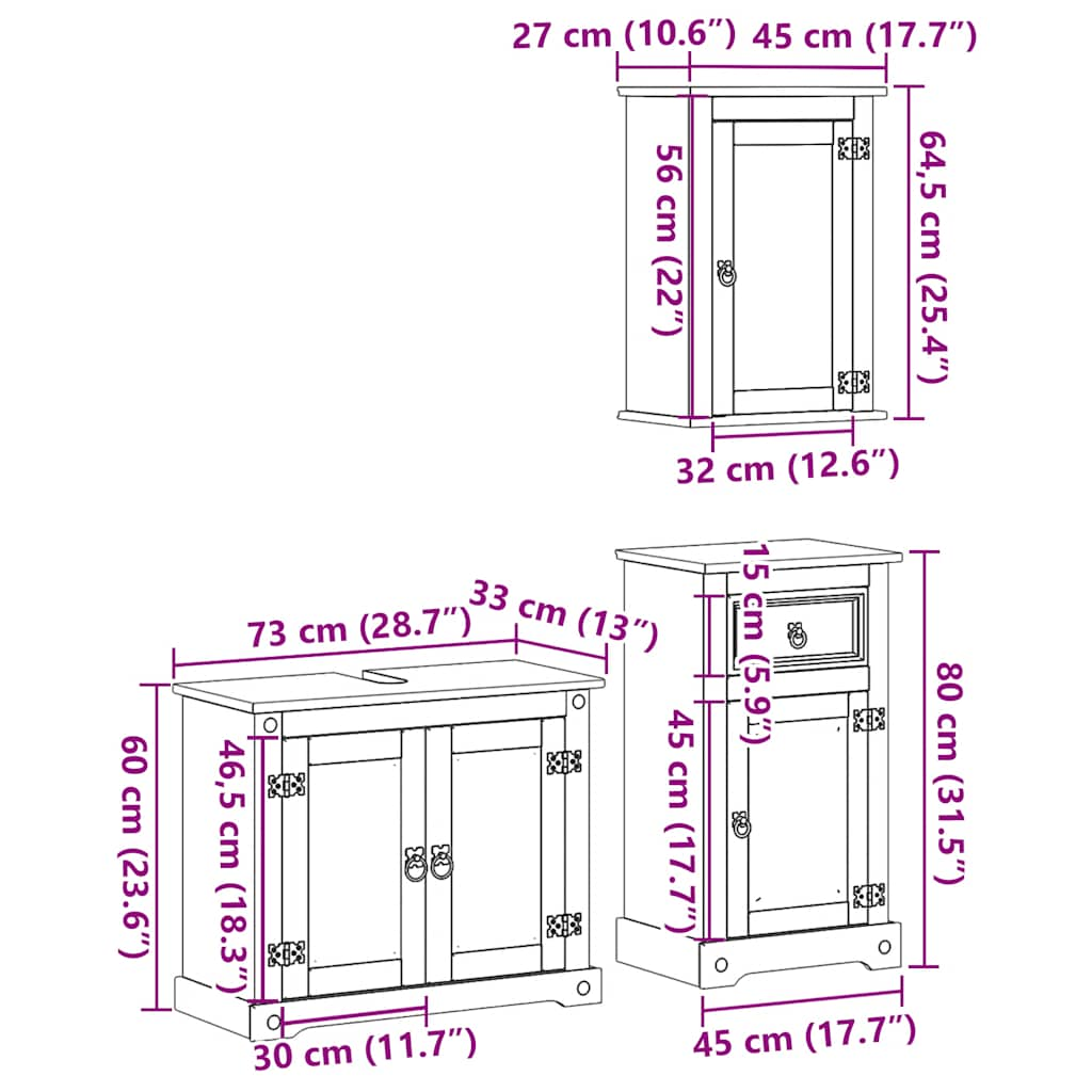 3 Piece Bathroom Furniture Set Corona Solid Wood Pine