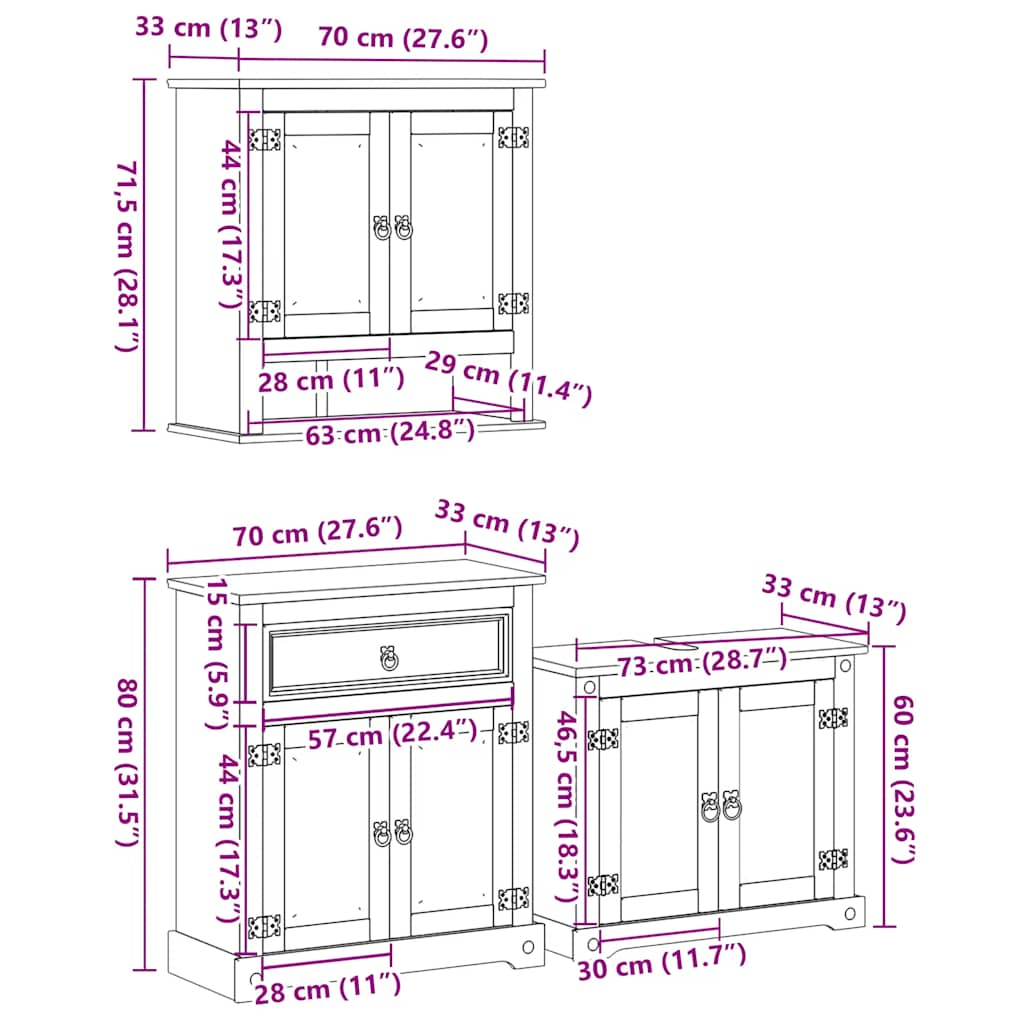 3 Piece Bathroom Furniture Set Corona Solid Wood Pine