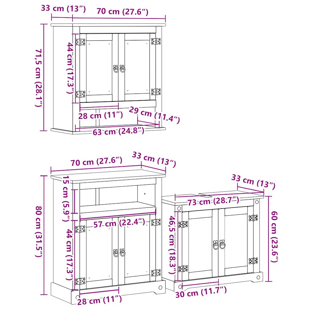 3 Piece Bathroom Furniture Set Corona Solid Wood Pine